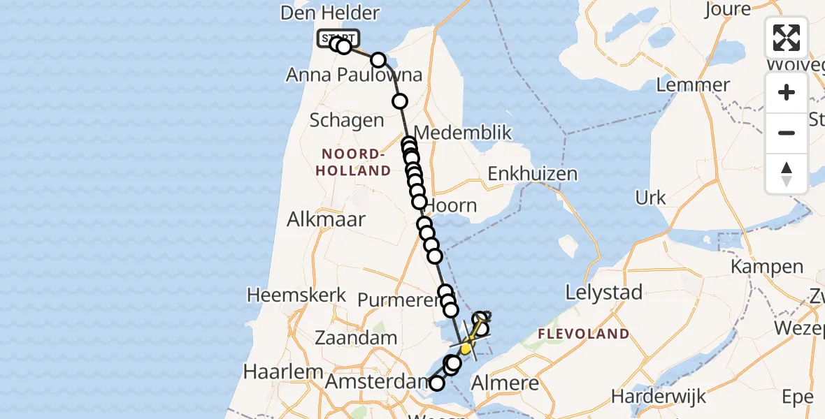 Routekaart van de vlucht: Kustwachthelikopter naar Marken, Middenvliet