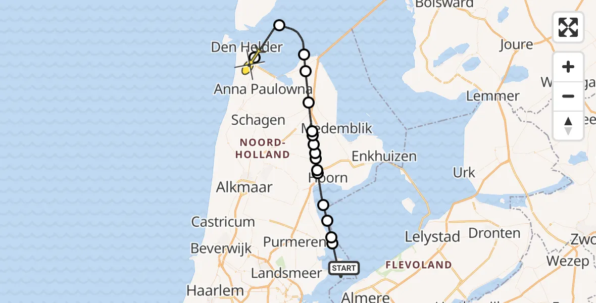 Routekaart van de vlucht: Kustwachthelikopter naar Vliegveld De Kooy, Doggersvaart