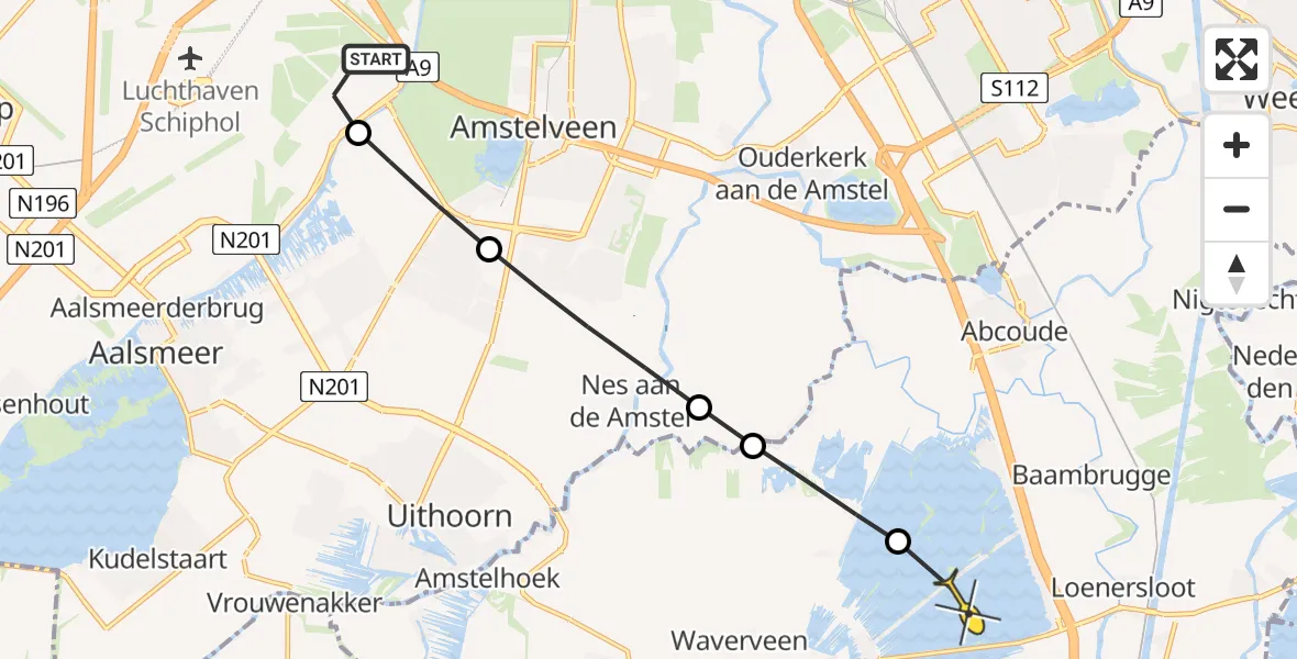Routekaart van de vlucht: Politieheli naar Vinkeveen, Amsterdam-Bataviaweg