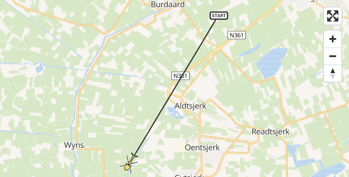 Routekaart van de vlucht: Ambulancehelikopter naar Wyns, Walddyk