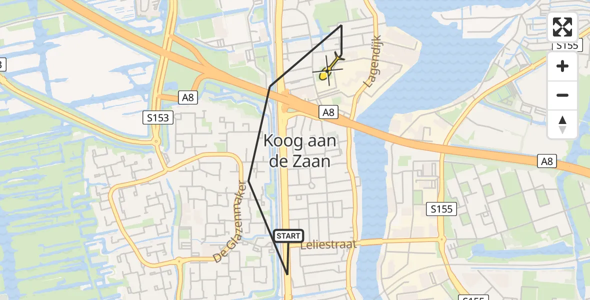 Routekaart van de vlucht: Lifeliner 1 naar Koog aan de Zaan, Boschjesstraat