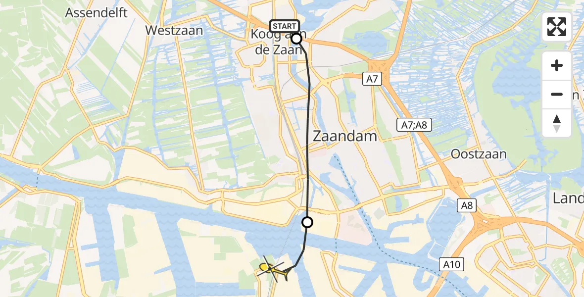 Routekaart van de vlucht: Lifeliner 1 naar Amsterdam Heliport, Oostzijde