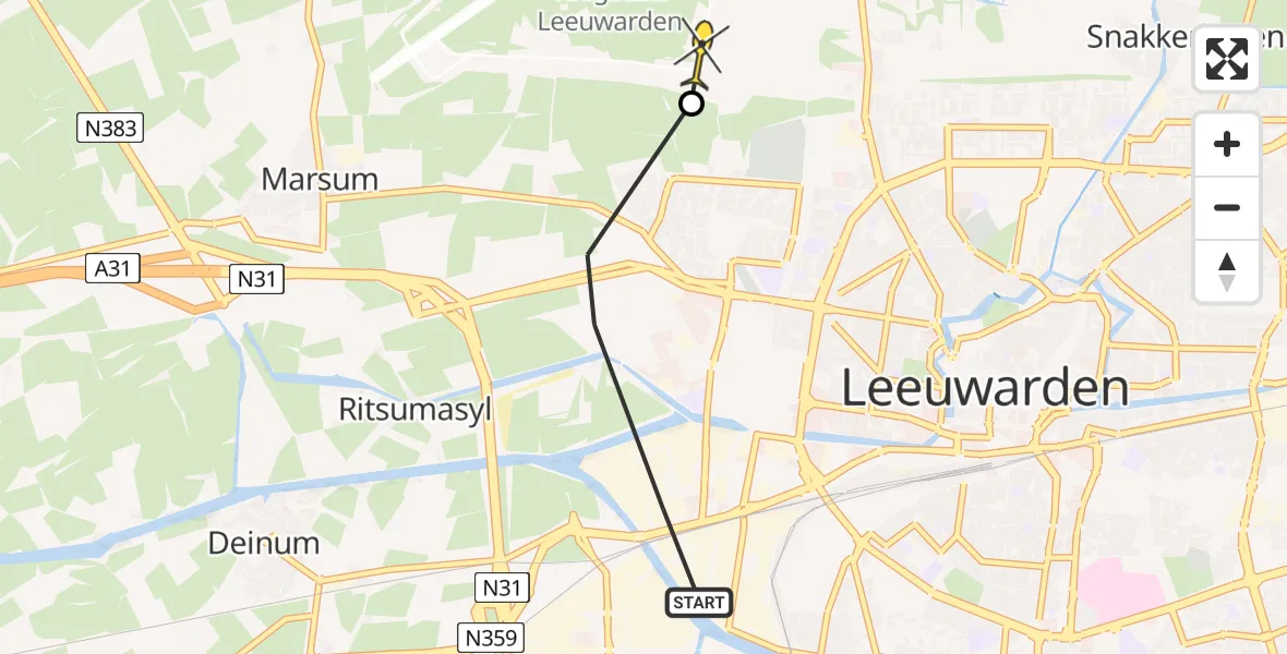 Vluchtroute Ambulancehelikopter van Leeuwarden naar Vliegbasis Leeuwarden