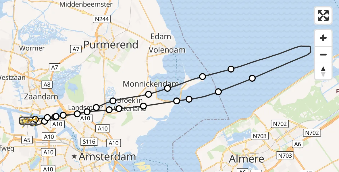 Vluchtroute Traumahelikopter van Amsterdam Heliport naar Amsterdam Heliport
