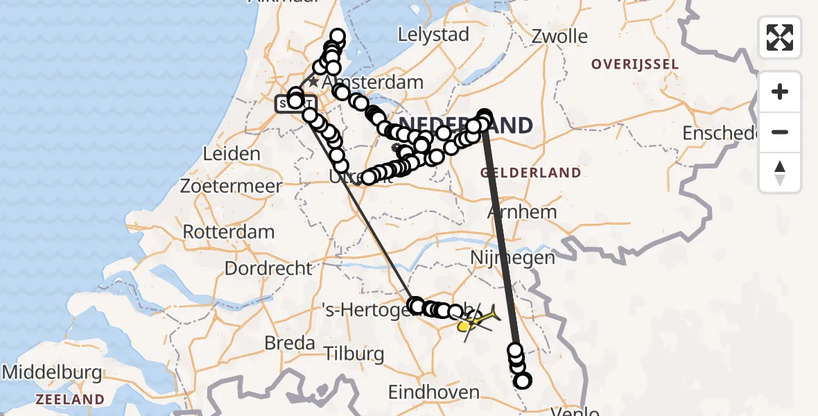 Vluchtroute Politiehelikopter van Schiphol naar Vliegbasis Volkel