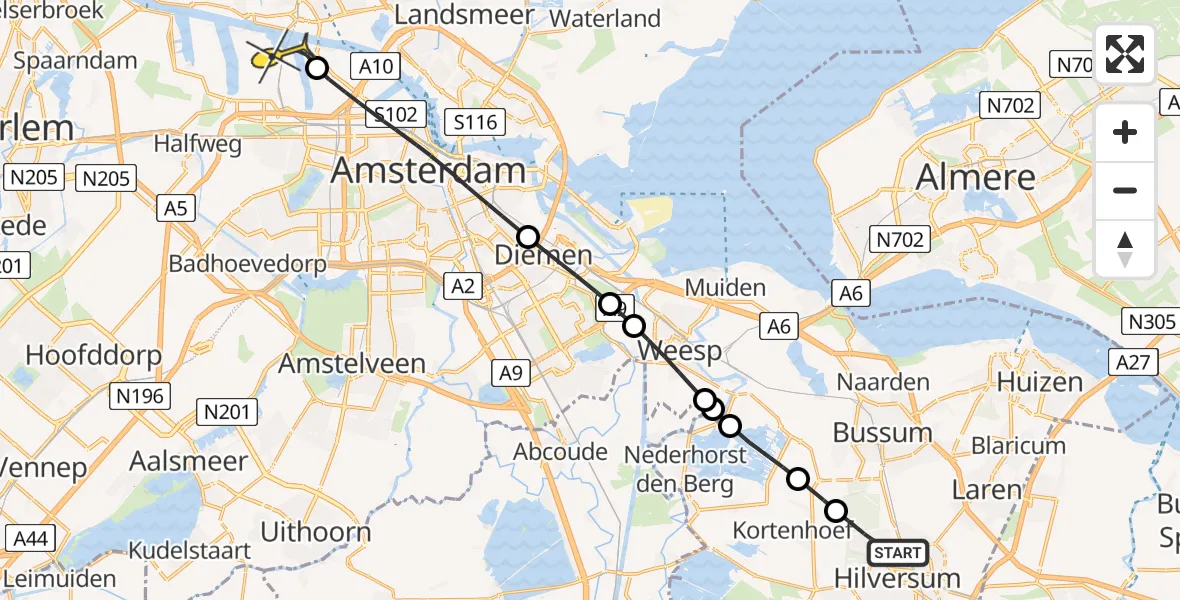 Routekaart van de vlucht: Lifeliner 1 naar Amsterdam Heliport, Mozartlaan