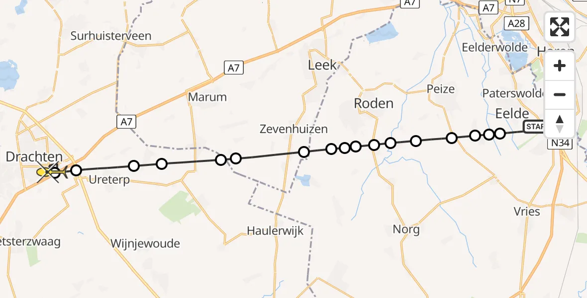 Routekaart van de vlucht: Lifeliner 4 naar Drachten, Lugtenbergerweg