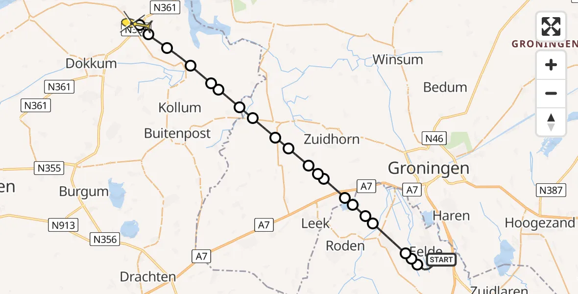 Routekaart van de vlucht: Lifeliner 4 naar Metslawier, Veldkampweg
