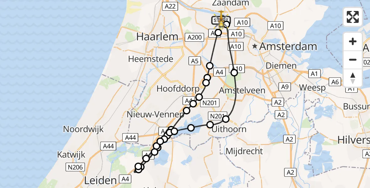 Vluchtroute Traumahelikopter van Amsterdam Heliport naar Amsterdam Heliport
