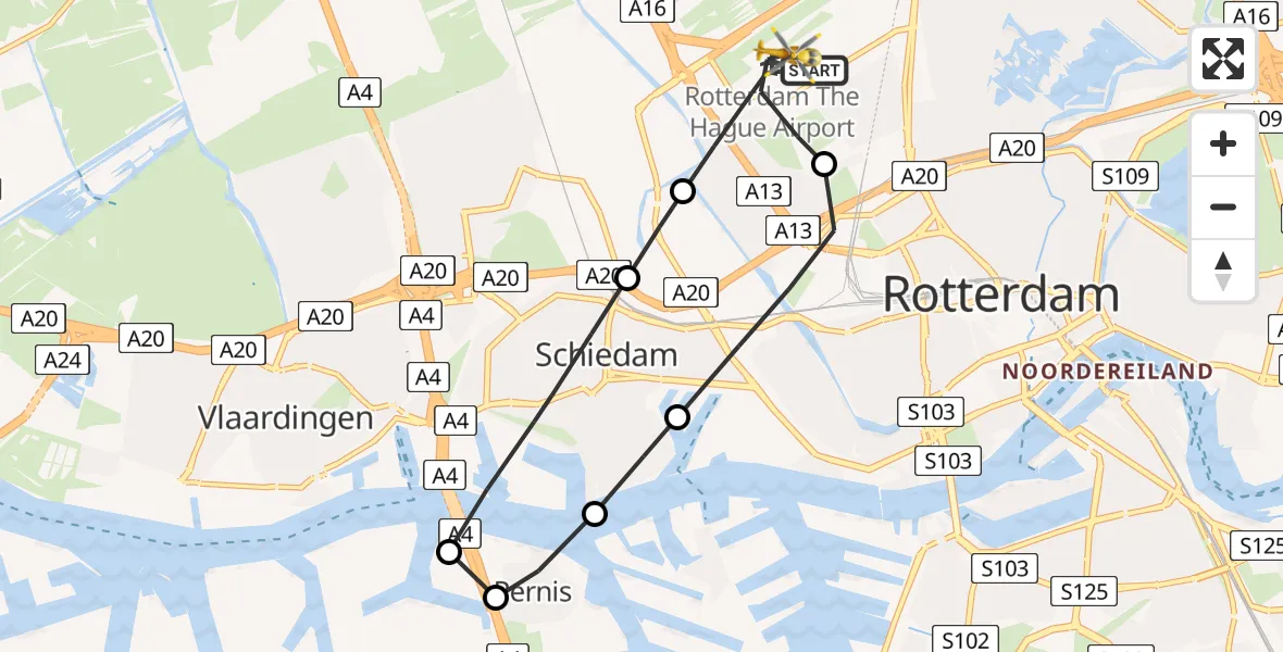 Vluchtroute Traumahelikopter Rotterdam The Hague Airport - Rotterdam The Hague Airport, 08 april 2024, 06:01