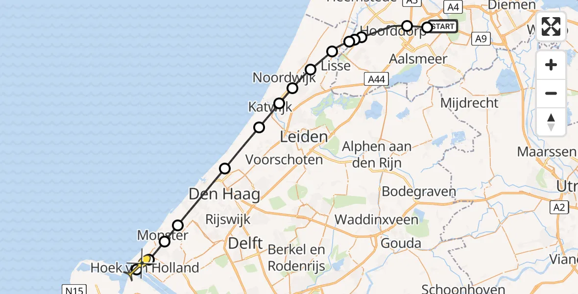 Routekaart van de vlucht: Politieheli naar Hoek van Holland, Loevesteinse Randweg