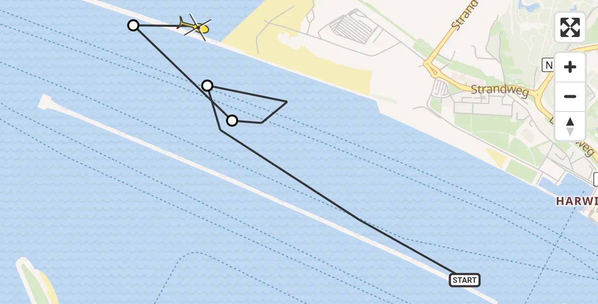 Routekaart van de vlucht: Politieheli naar Hoek van Holland, Noorderhoofd