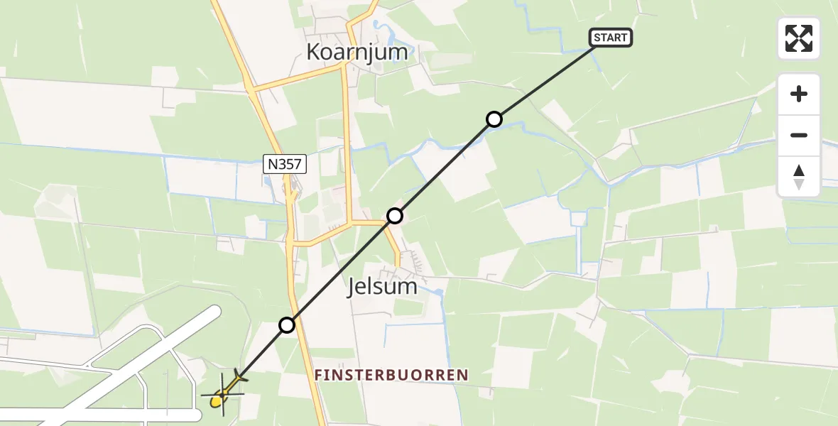 Routekaart van de vlucht: Ambulanceheli naar Vliegbasis Leeuwarden, Skierhústerwei