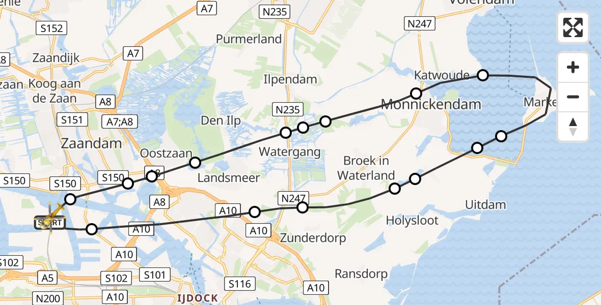 Vluchtroute Traumahelikopter van Amsterdam Heliport naar Amsterdam Heliport