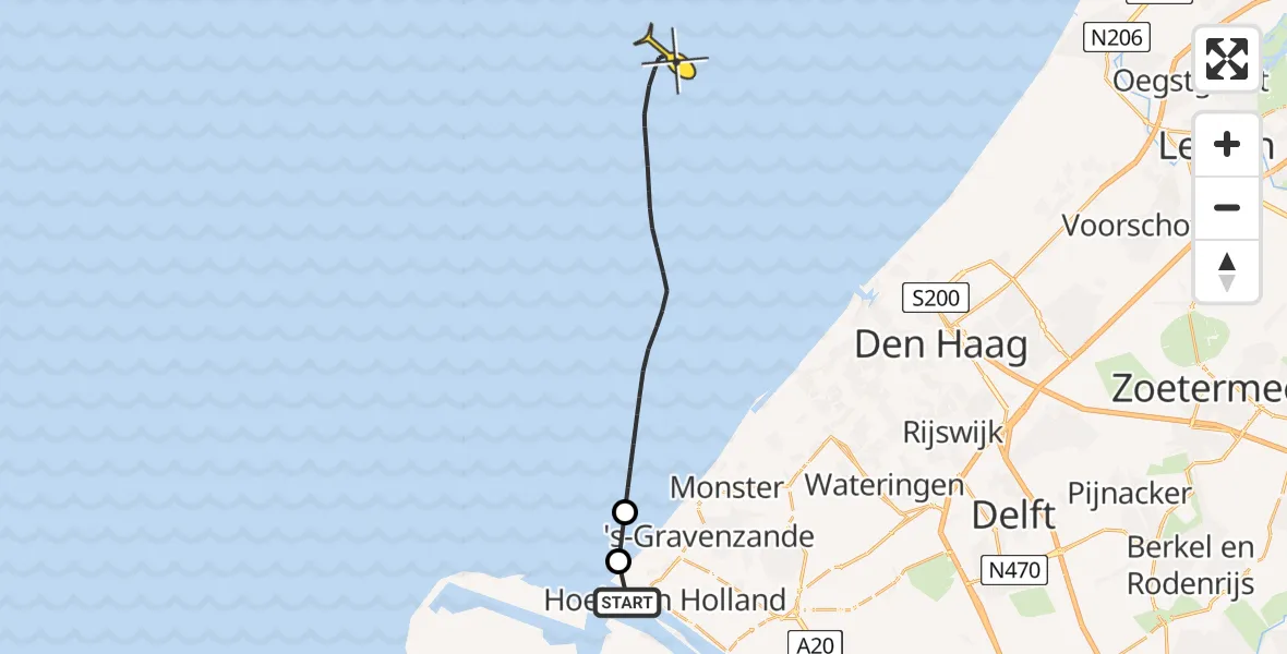 Routekaart van de vlucht: Politiehelikopter naar Hoek van Holland