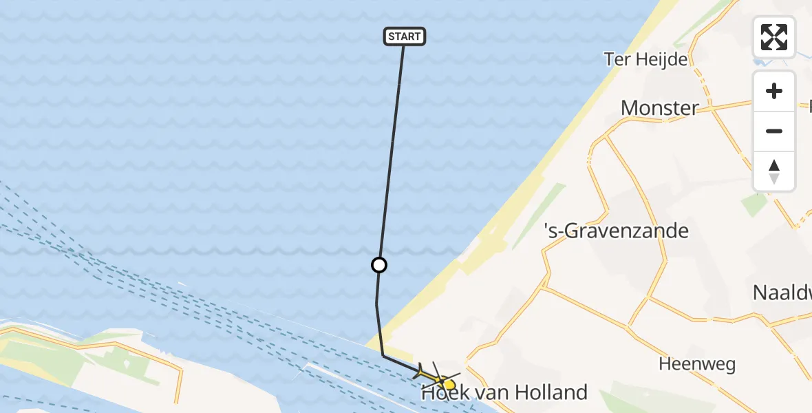 Routekaart van de vlucht: Politieheli naar Hoek van Holland, Koningin Emmaboulevard