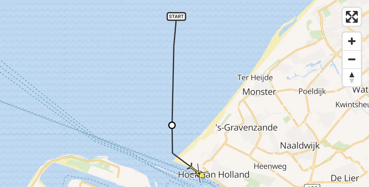 Routekaart van de vlucht: Politieheli naar Hoek van Holland, Noorderhoofd