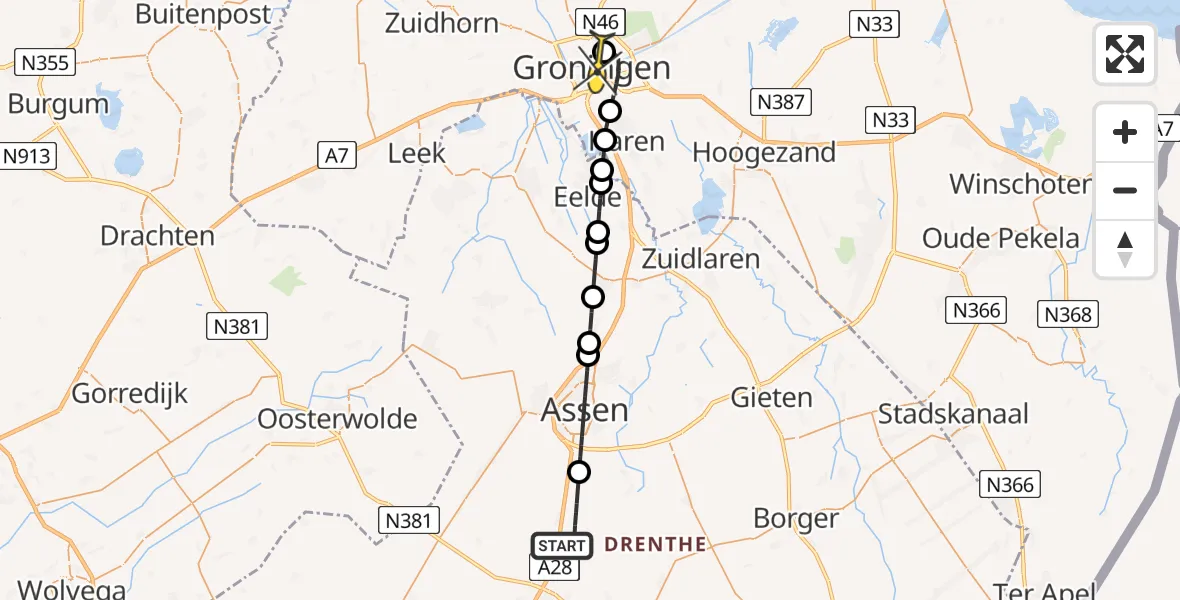 Routekaart van de vlucht: Lifeliner 4 naar Universitair Medisch Centrum Groningen, wijdeblik route