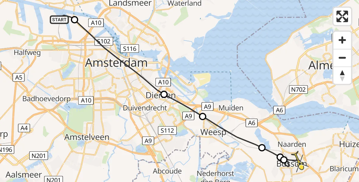 Routekaart van de vlucht: Lifeliner 1 naar Bussum, Westhavenweg