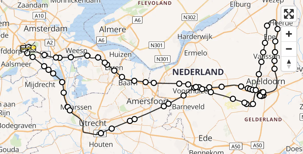 Routekaart van de vlucht: Politieheli naar Schiphol, Amsterdam-Bataviaweg