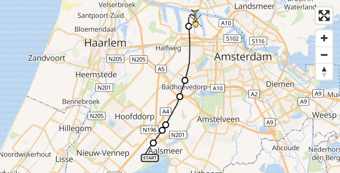 Routekaart van de vlucht: Lifeliner 1 naar Amsterdam Heliport, Aalsmeerderweg