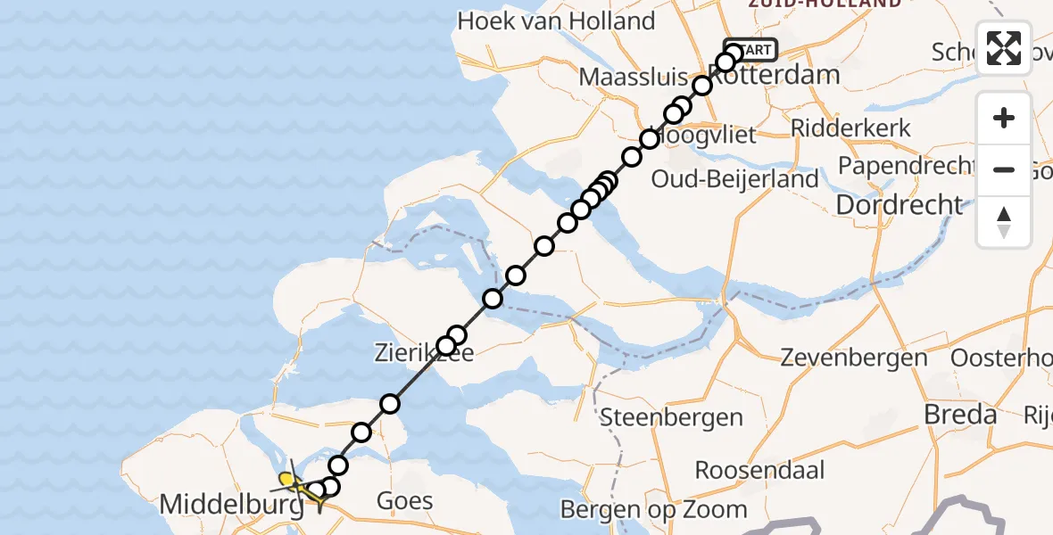 Routekaart van de vlucht: Kustwachthelikopter naar Vliegveld Midden-Zeeland, Delftweg