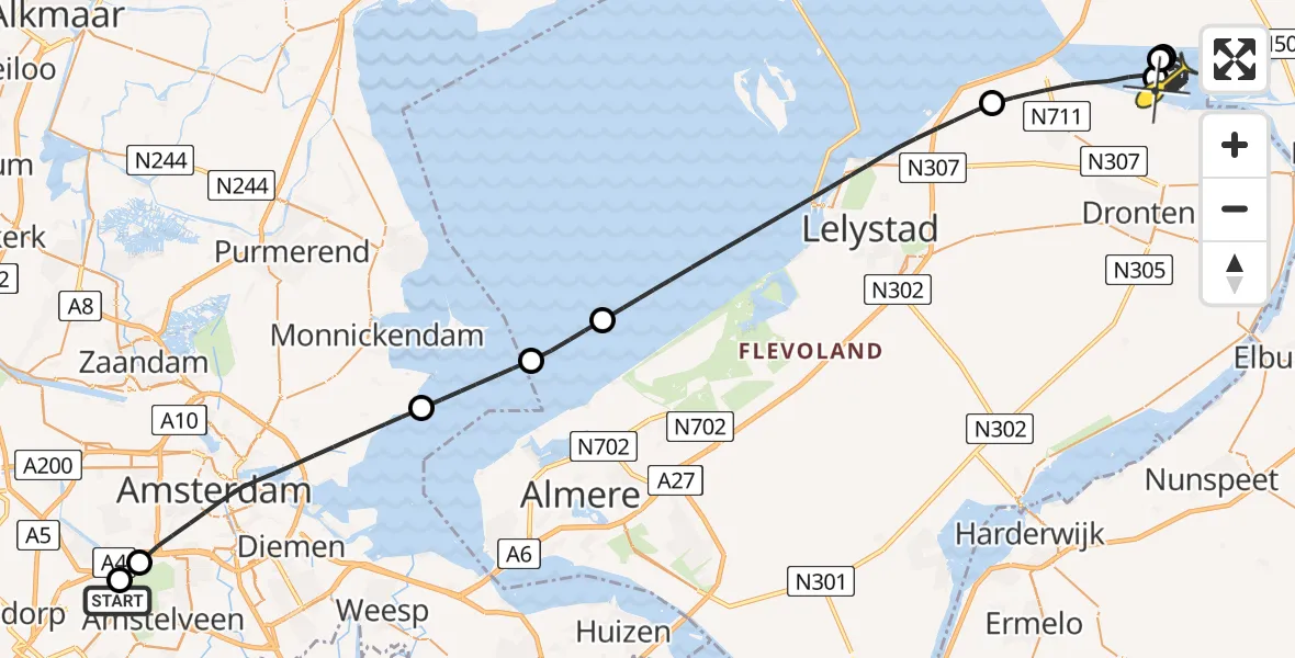 Routekaart van de vlucht: Politieheli naar Dronten, Loevesteinse Randweg