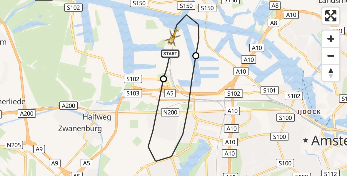 Vluchtroute Traumahelikopter van Amsterdam Heliport naar Amsterdam Heliport