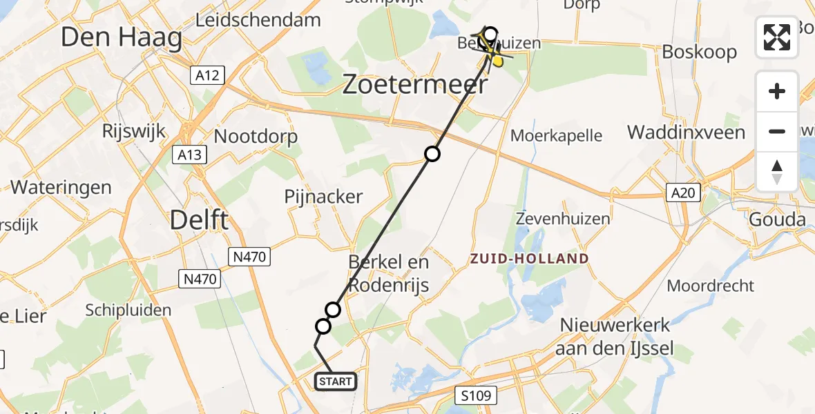 Routekaart van de vlucht: Lifeliner 2 naar Benthuizen, Schieveense polder