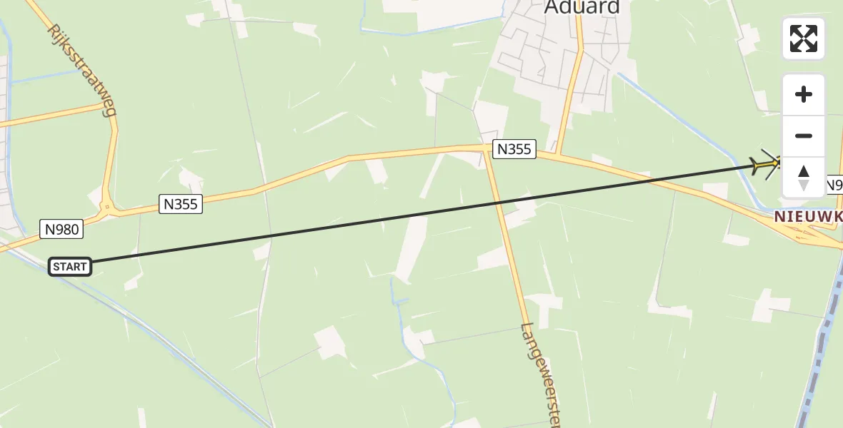 Routekaart van de vlucht: Ambulancehelikopter naar Aduard, de Lindt