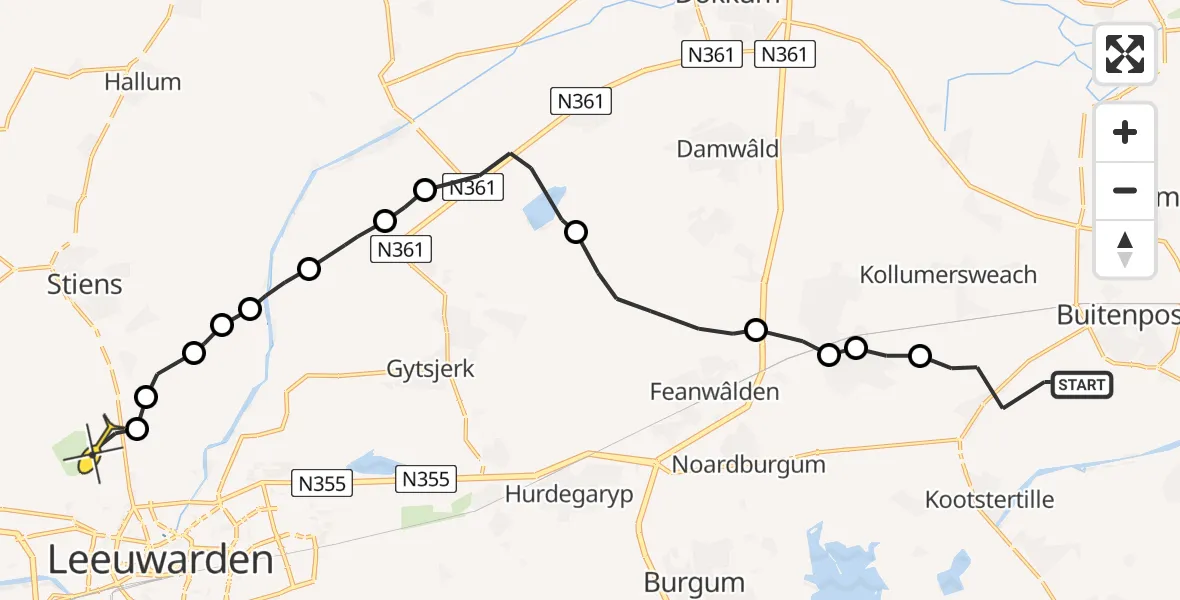 Routekaart van de vlucht: Ambulancehelikopter naar Vliegbasis Leeuwarden, De Miedwei