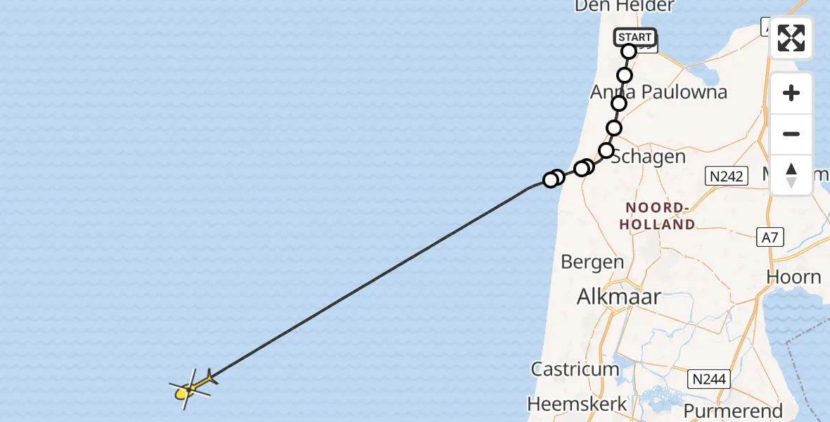 Routekaart van de vlucht: Kustwachthelikopter naar Middenvliet