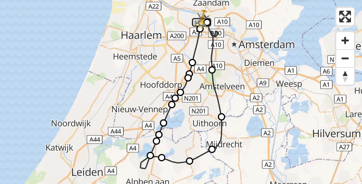 Vluchtroute Traumahelikopter van Amsterdam Heliport naar Amsterdam Heliport