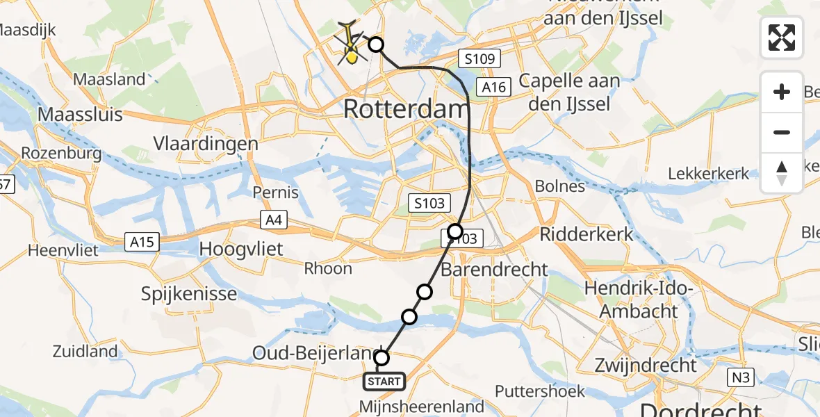 Routekaart van de vlucht: Lifeliner 2 naar Rotterdam The Hague Airport, Botvliet