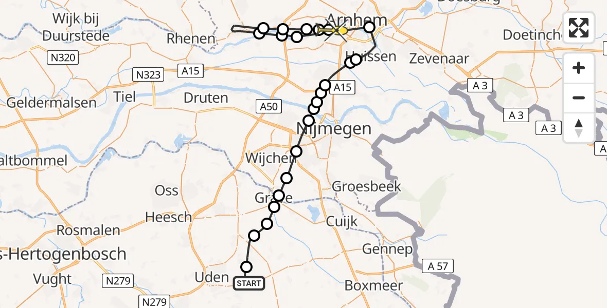 Routekaart van de vlucht: Politiehelikopter naar Oosterbeek, Zeelandsedijk