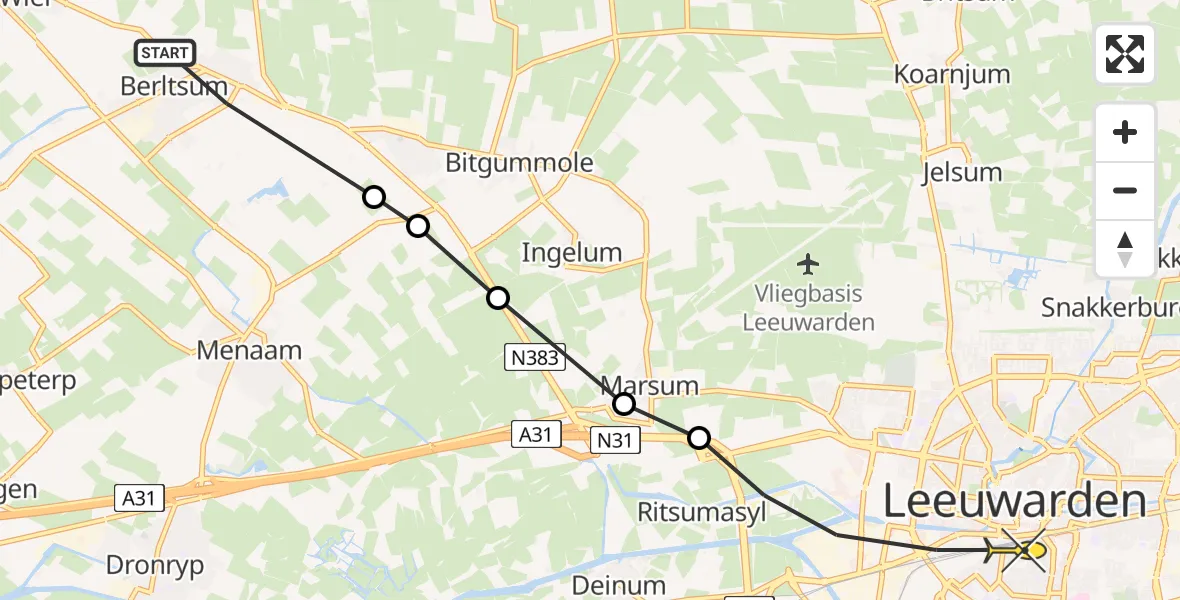 Routekaart van de vlucht: Ambulanceheli naar Leeuwarden, Fjouwerhûs
