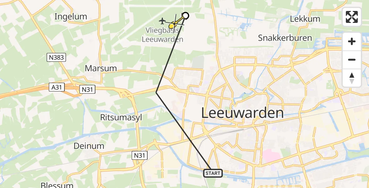 Vluchtroute Ambulancehelikopter van Leeuwarden naar Vliegbasis Leeuwarden
