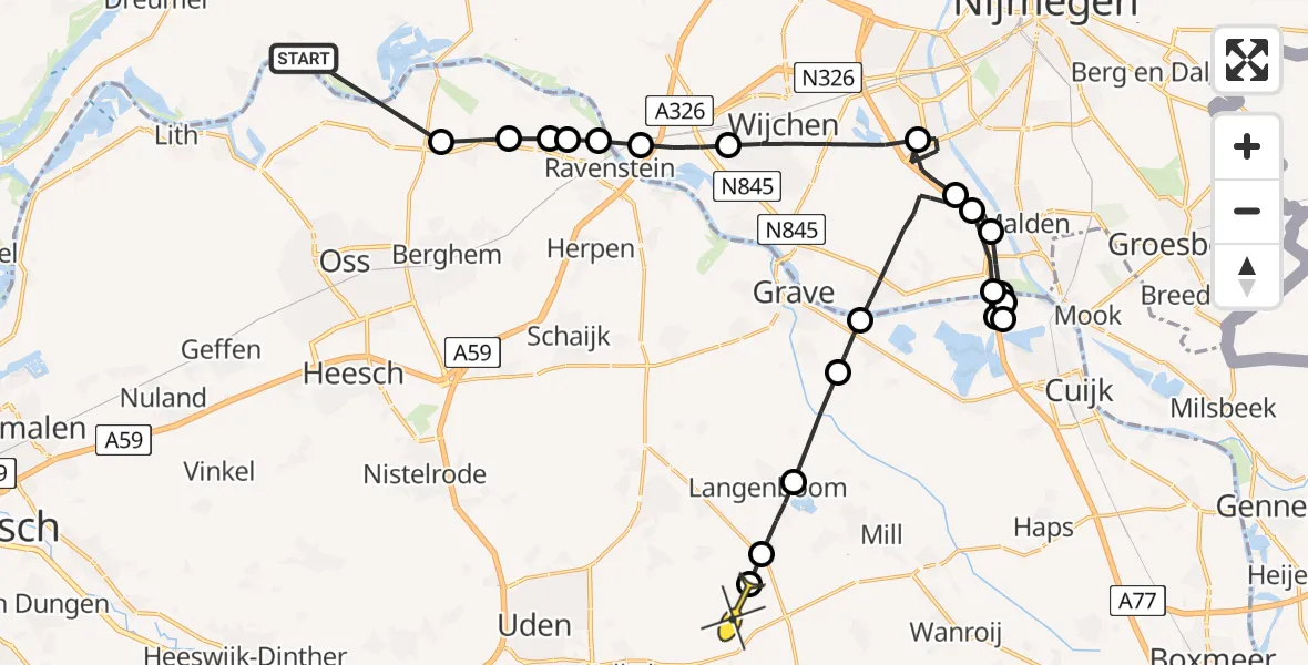 Routekaart van de vlucht: Politieheli naar Volkel, Dorpenweg