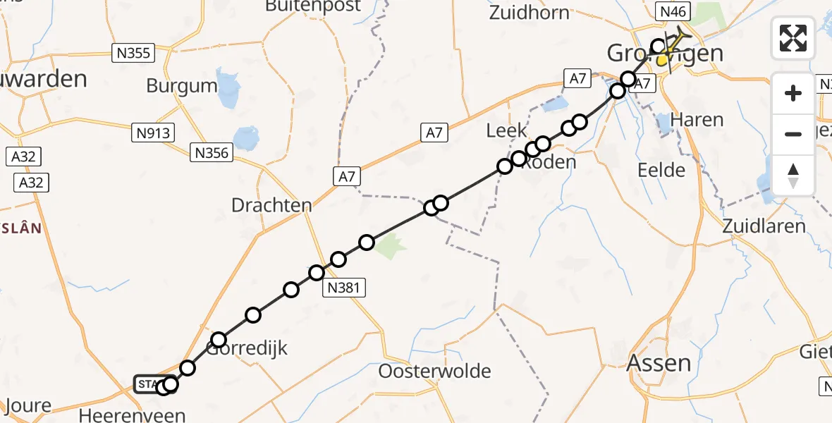 Routekaart van de vlucht: Lifeliner 4 naar Universitair Medisch Centrum Groningen, Sportvisplas Zestienroeden