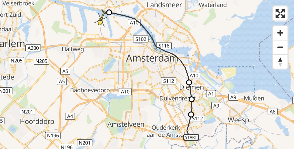 Routekaart van de vlucht: Lifeliner 1 naar Amsterdam Heliport, Pamirstraat