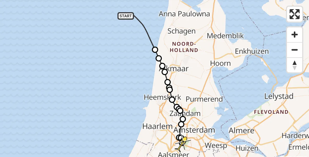 Routekaart van de vlucht: Politieheli naar Schiphol, Callantsoog