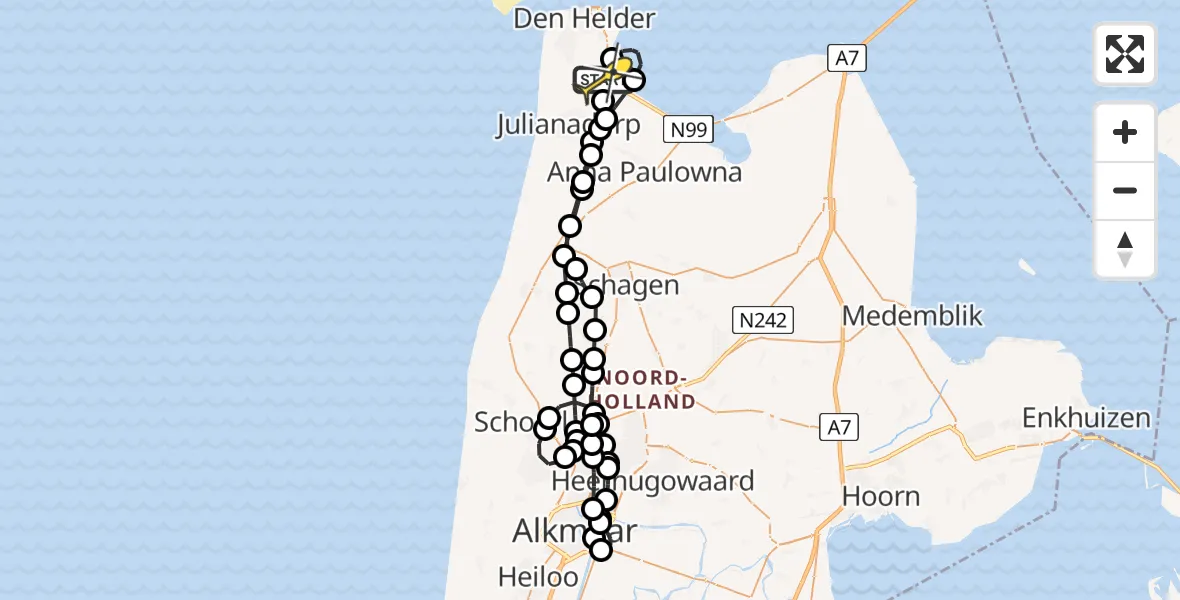 Routekaart van de vlucht: Kustwachthelikopter naar Vliegveld De Kooy, Mastenmakersweg