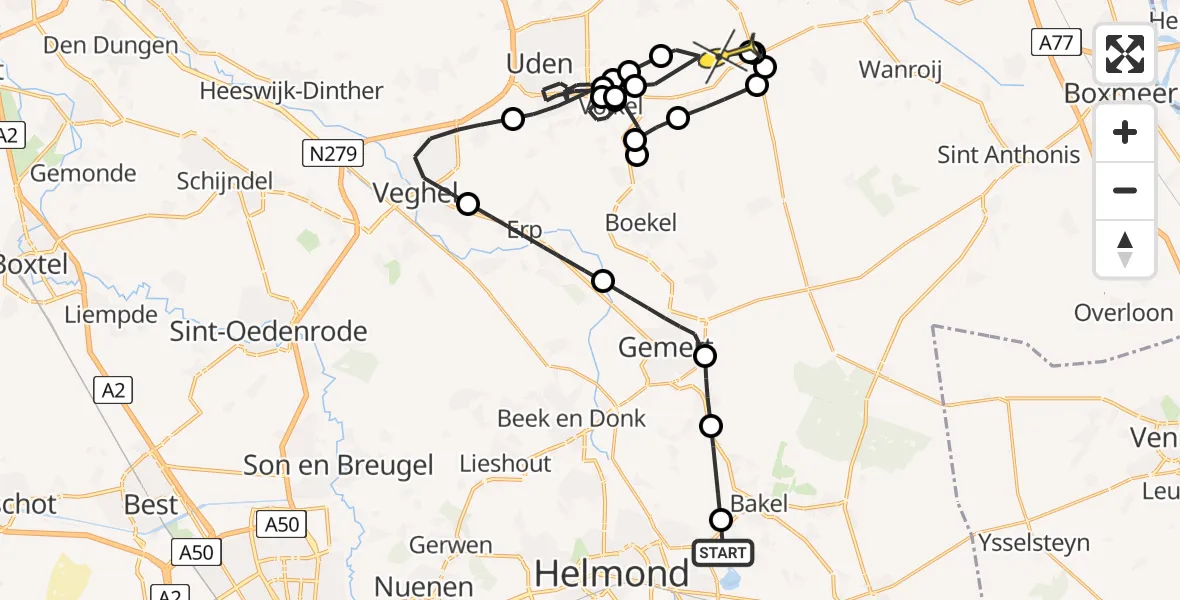 Routekaart van de vlucht: Politieheli naar Volkel, Mathijseind