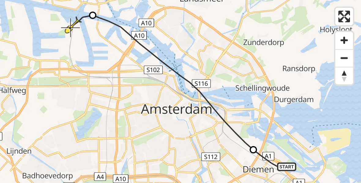 Routekaart van de vlucht: Lifeliner 1 naar Amsterdam Heliport, Schelpenpad