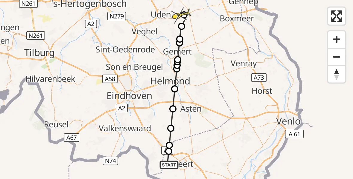 Routekaart van de vlucht: Lifeliner 3 naar Vliegbasis Volkel, Schaapsdijk