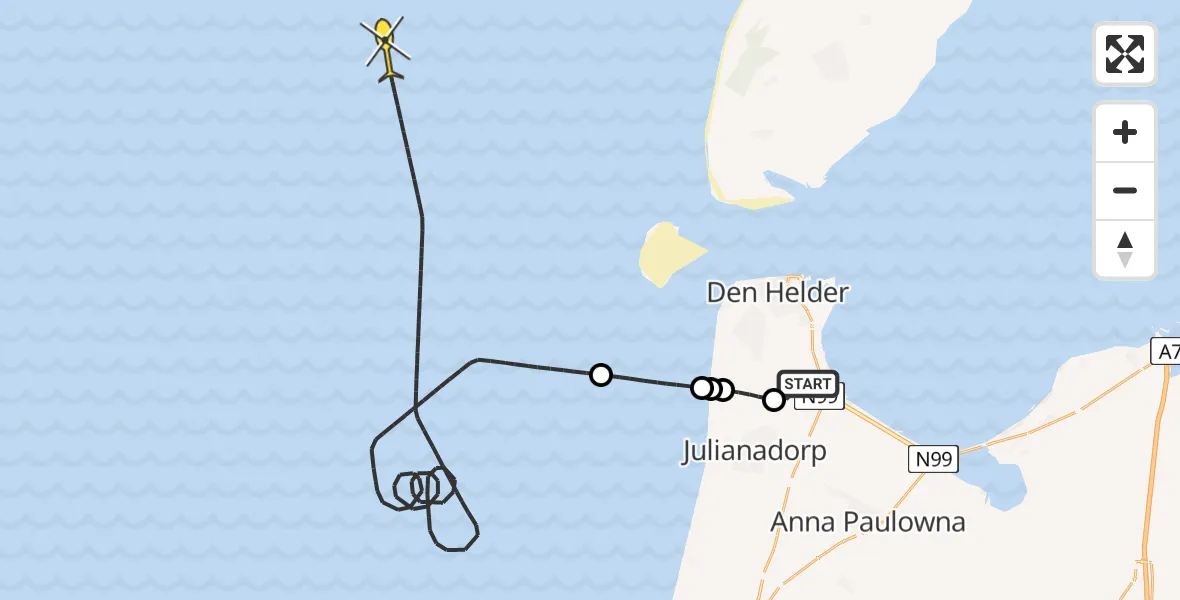 Routekaart van de vlucht: Kustwachthelikopter naar Kortevliet