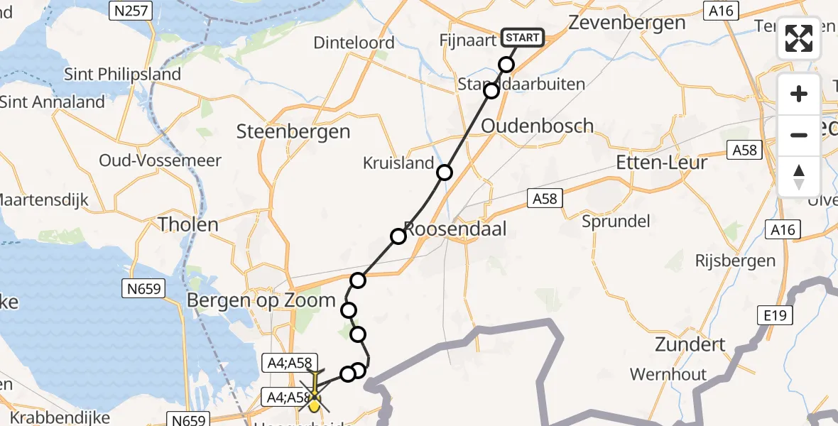 Routekaart van de vlucht: Politieheli naar Vliegbasis Woensdrecht, Barlaaksedijk