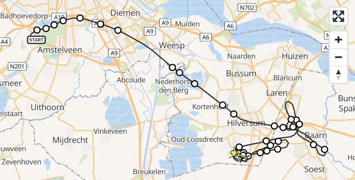 Routekaart van de vlucht: Politieheli naar Vliegveld Hilversum, Loevesteinse Randweg