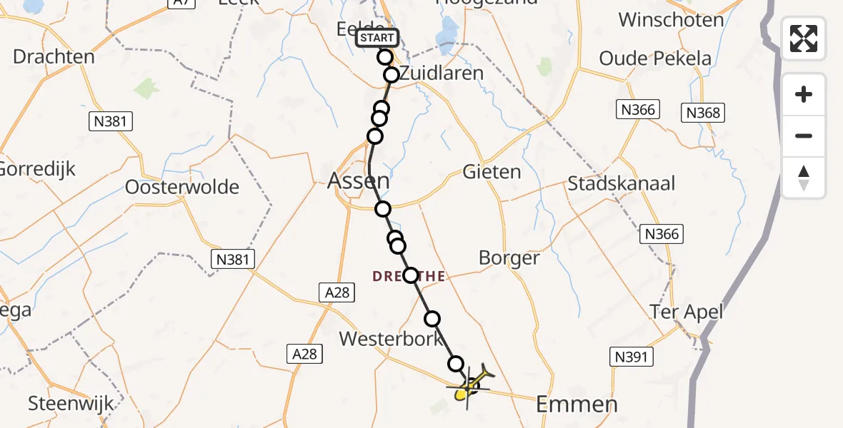 Routekaart van de vlucht: Lifeliner 4 naar Zweeloo, Duinstraat