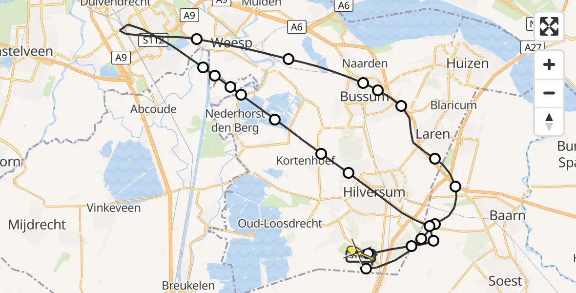 Routekaart van de vlucht: Politieheli naar Vliegveld Hilversum, Noodweg